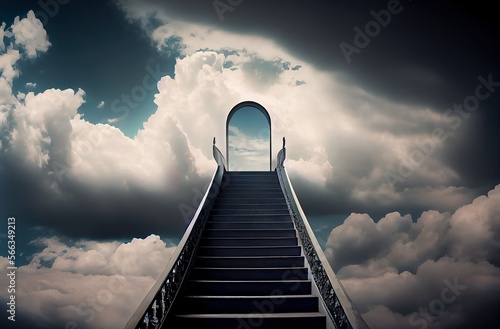 Fotografie, Tablou Way to heaven, stairs to sky with clouds and door entrance to paradise