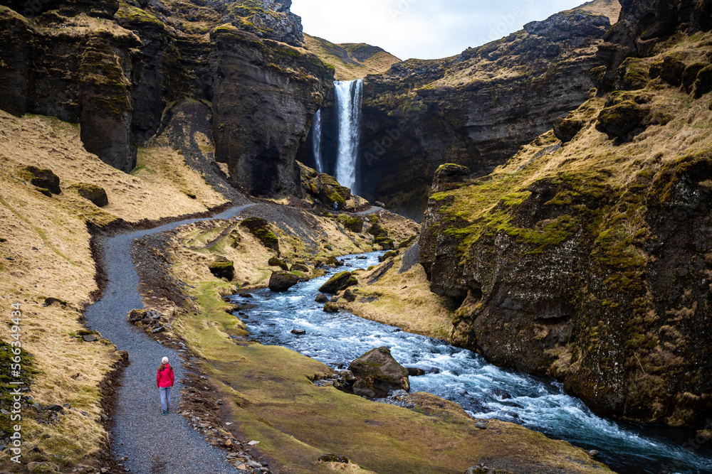 Girl in pink jacket walks to stunning famous Kvernufoss waterfall and river hidden in canyon in picturesque setting, Iceland
