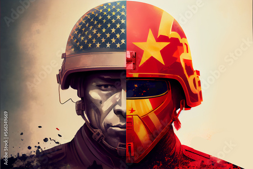 United States of America, China war cause Taiwan flags painted on the soldier. USA and China war and winning concept. Soldiers confrontation war conflict. Generative Ai. photo