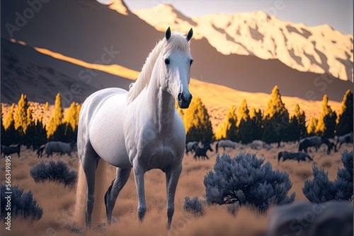  a white horse is standing in a field with mountains in the background and trees in the foreground, with a sunset in the background. generative ai