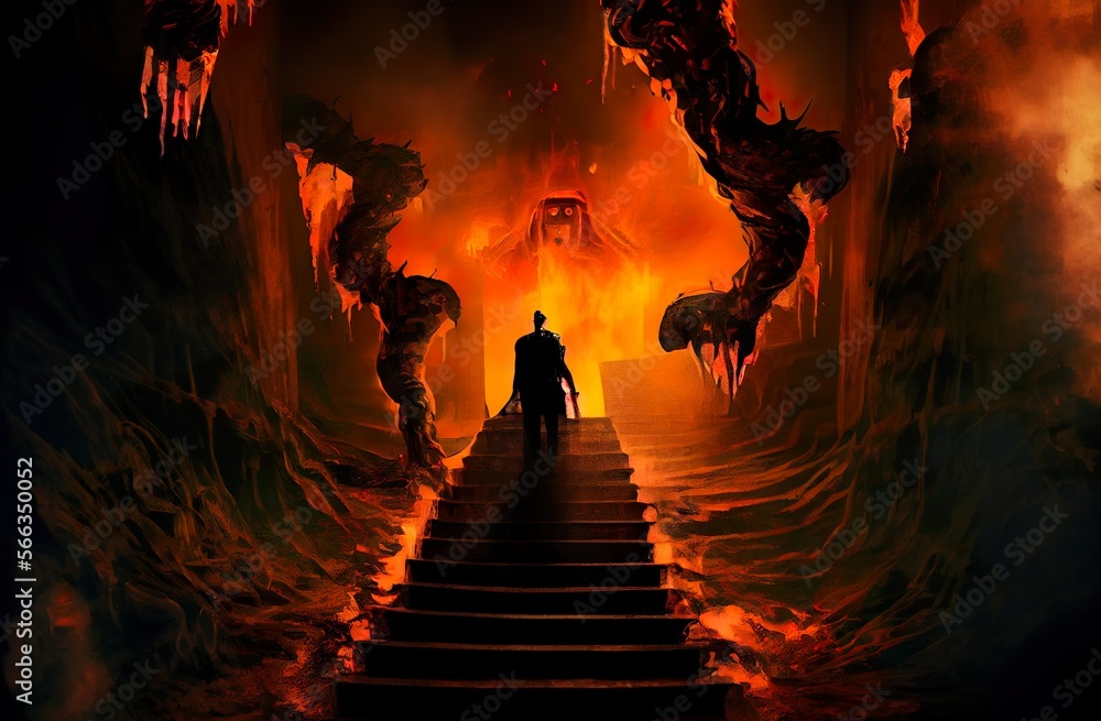 Hell scene. Inferno with burning glowing blazes, fire. Way to ...