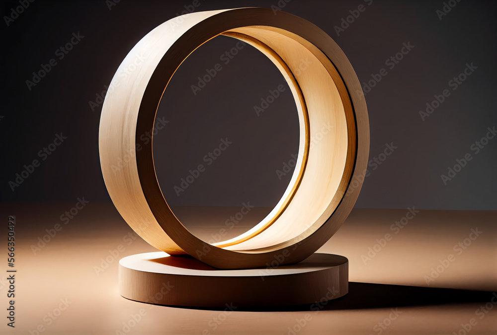 empty round wooden frame on small pedestal for product placement, generative ai empty round wooden frame on small pedestal for product placement, generative ai