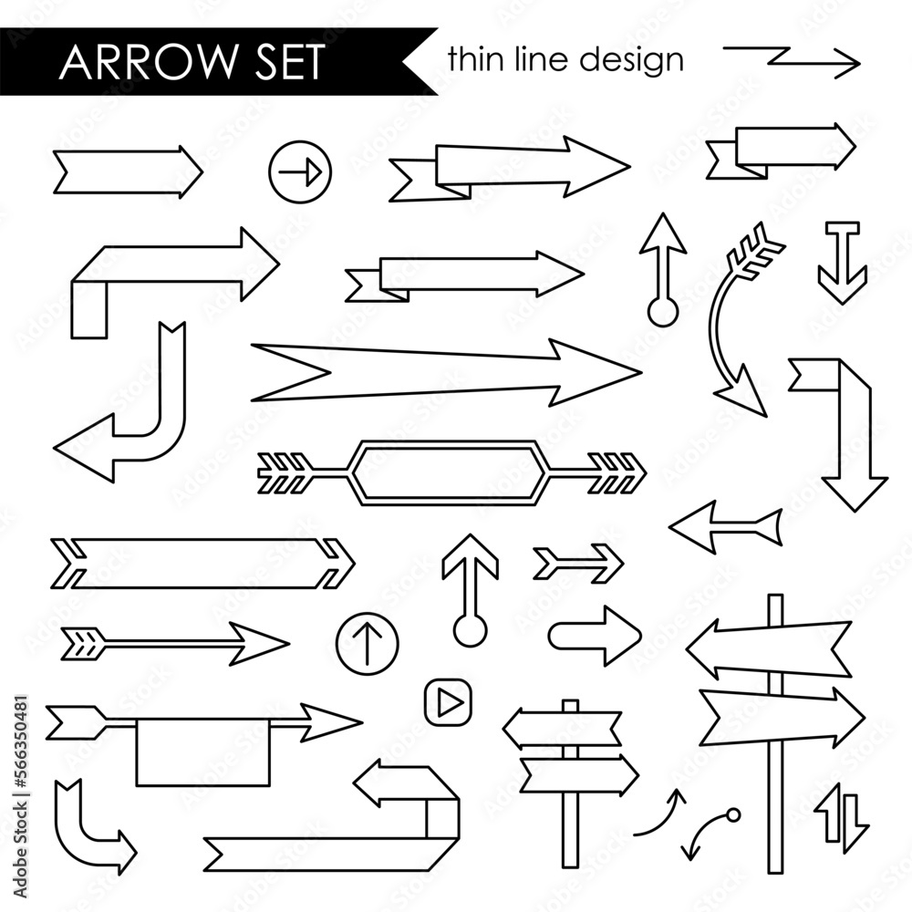 Black thin line stroke arrows set, blank spaces for short message