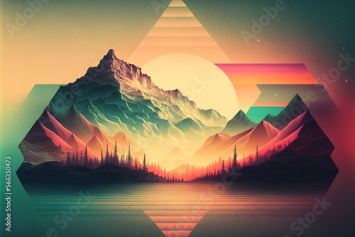 Wallpaper with a beautiful landscape in the style of the 80s synthwave. View of the rising sun, mountains and sea. Generative ai photo