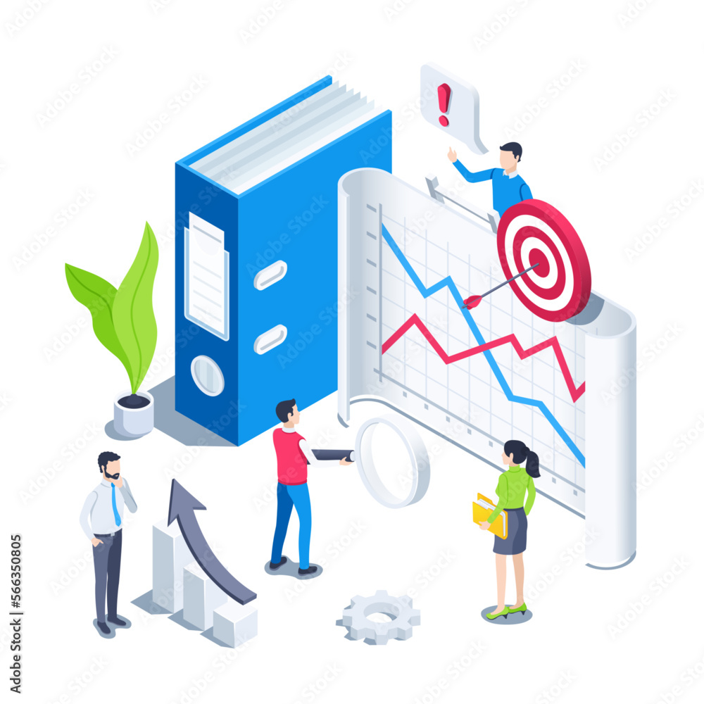 isometric vector illustration on a white background, people in business clothes near a paper graph with financial data, statistics processing