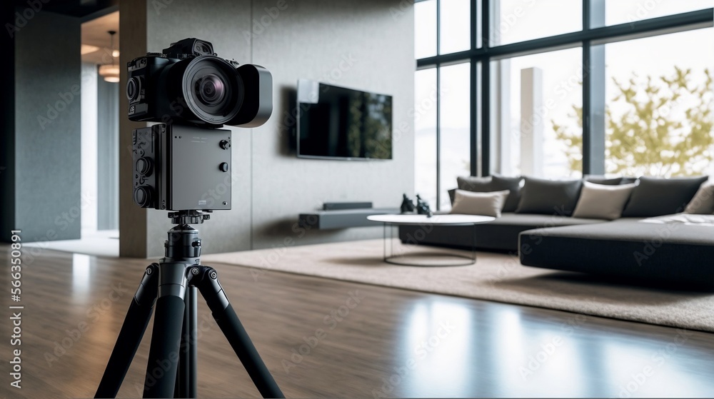 caméra 360 degrés posé sur un trépied, dans un salon moderne pour création  d'une visite virtuelle - illustration ia Stock Illustration