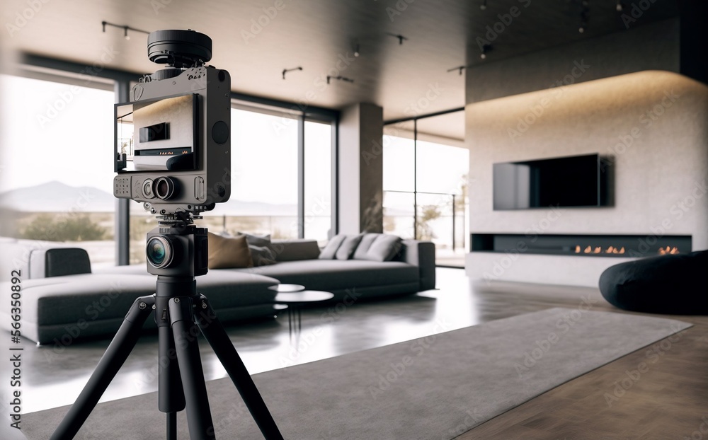 caméra 360 degrés posé sur un trépied, dans un salon moderne pour création d'une visite virtuelle - illustration ia - obrazy, fototapety, plakaty 