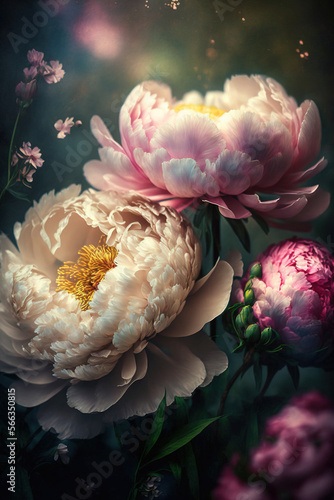 Fototapeta Naklejka Na Ścianę i Meble -  Pink and white peonies bouquet. Beautiful floral art wallpaper. AI