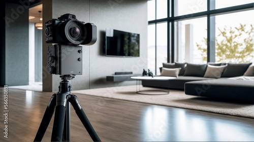 caméra 360 degrés posé sur un trépied, dans un salon moderne pour création d'une visite virtuelle - illustration ia photo