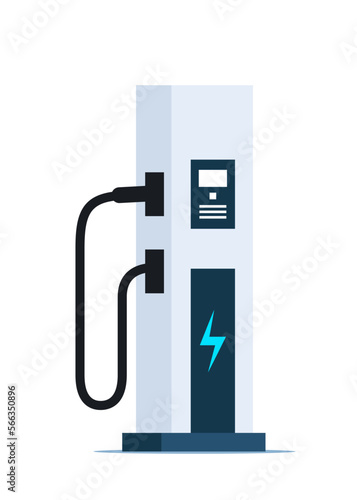 Charging station for electric car. E-charge. Green energy or eco concept. Electricity eco new technology for cars of the future. Vector illustration.