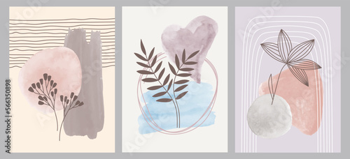 Botanical drawing with various watercolor shapes and plants. Minimalistic abstract design. Hand-drawn vector illustration for wallart, postcards, covers, wallpapers, web, stories on social networks.