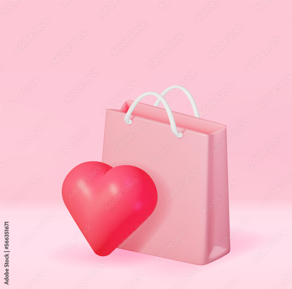 3D Pink Shopping Bag with Big Heart. Render Gift Handbag with Handle and Red Heart. Valentine Day, Birthday Card, Product Display Presentation Advertisement. Realistic Vector Illustration