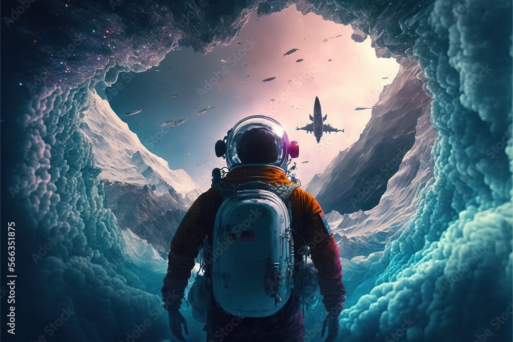 a man in a space suit standing inside of a cave with fighter jets in ...