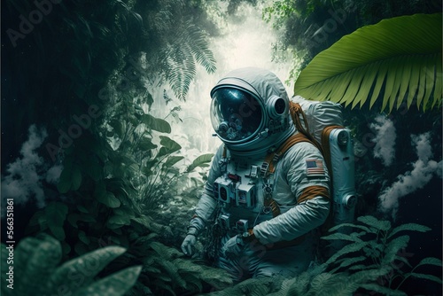  a man in a space suit walking through a forest filled with plants and plants, with smoke coming out of his mouth and a green plant behind him. generative ai