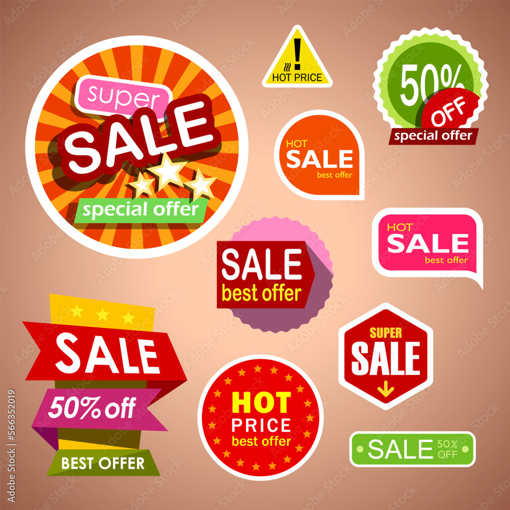 Sale and discount colorful stickers set, icon signs for advertising business