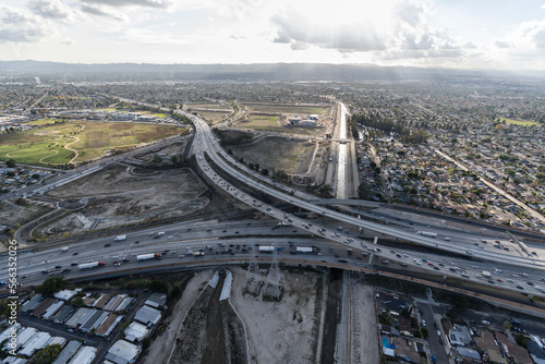 Aerial view of the beginning of the Hollywood 170 freeway at the interchange with Interstate 5 freeway in Los Angeles California. photo