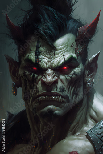 Scary orc warrior with glowing eyes, ready for war. photo