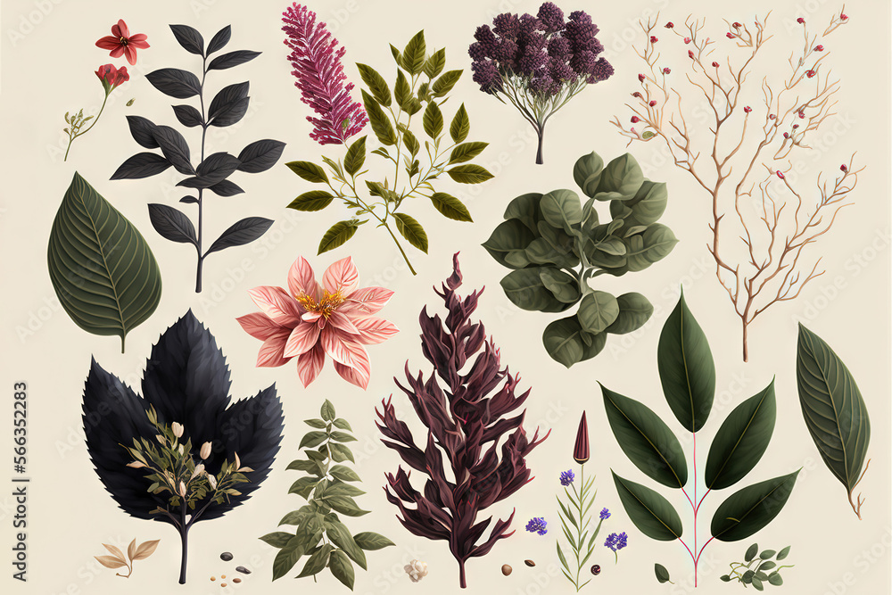 a collection of different types of flowers and leaves on a white ...