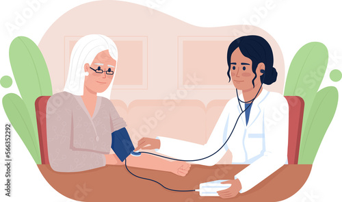 Doctor measuring senior patient blood pressure 2D raster isolated illustration. Medical checkup flat characters on cartoon background. Hospital colourful scene for mobile, website, presentation