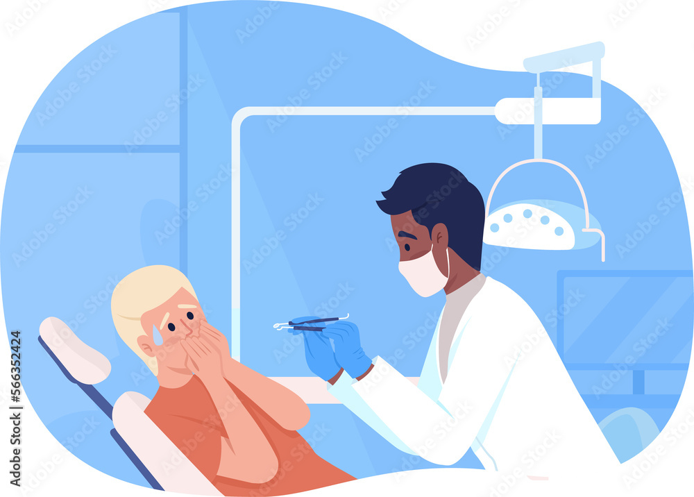 Teenage boy scared of dentist at appointment 2D raster isolated ...
