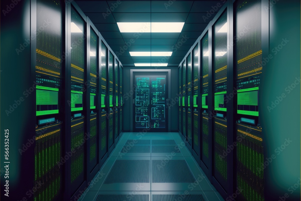 Cloud data center with rows of storage systems and servers. Generative AI Cloud data center with rows of storage systems and servers. Generative AI
