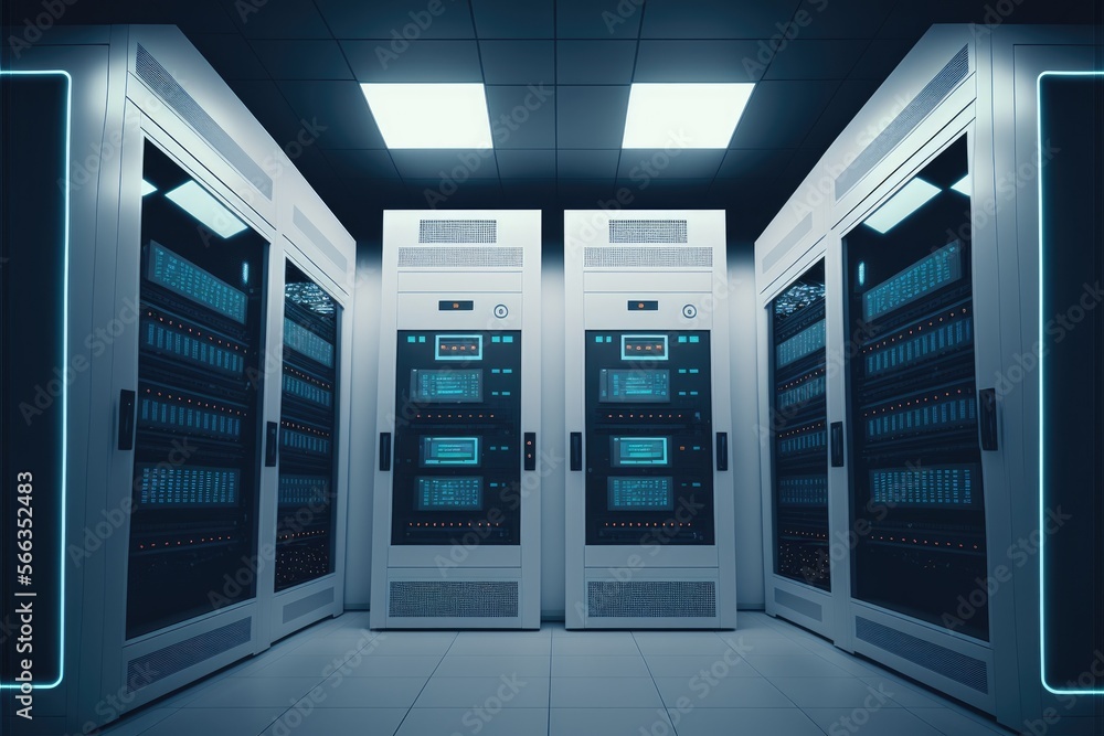 Cloud data center with rows of virtual and physical data management and analysis solutions. Generative AI Cloud data center with rows of virtual and physical data management and analysis solutions. Generative AI