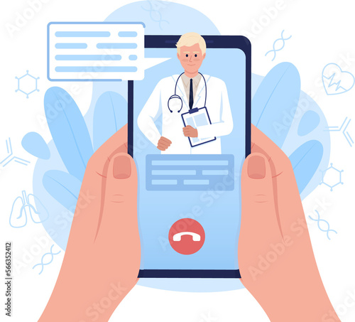 Telemedicine service via smartphone 2D raster isolated illustration. Online medicine flat first view hand on cartoon background. Patient care colourful scene for mobile, website, presentation