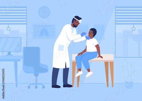 Pediatrician checking sore throat of little boy flat color raster illustration. Doctor and patient during appointment 2D simple cartoon characters with medical office interior on background