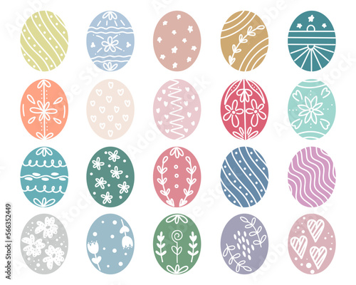 Set Easter eggs in different colors with decorations. Spring holiday attribute. Doodle botanical illustration. Vector illustration. Happy Easter eggs