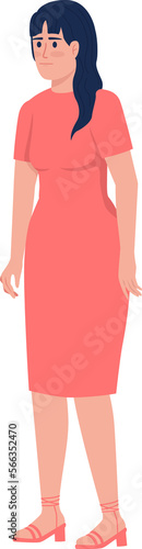 Brunette woman in dress semi flat color raster character. Standing figure. Full body person on white. Fashion simple cartoon style illustration for web graphic design and animation