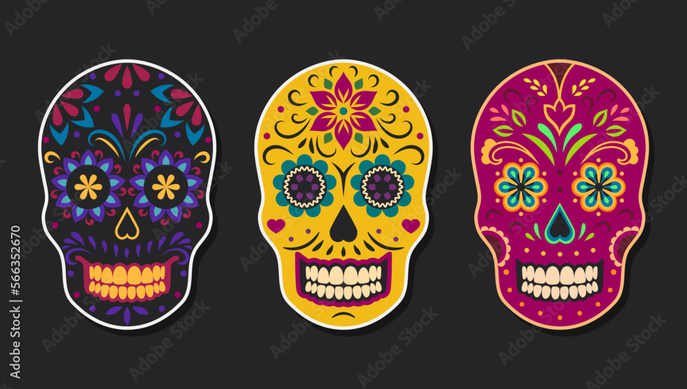 Mexican Folk Sugar Skulls. Dia De Los Muertos Stickers. Mexican Folk Sugar Skulls. Dia De Los Muertos Stickers.