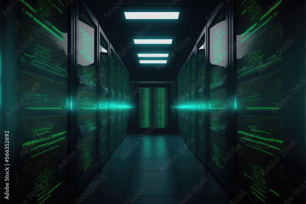 Cloud server room with rows of cloud-based security solutions. Generative AI Cloud server room with rows of cloud-based security solutions. Generative AI