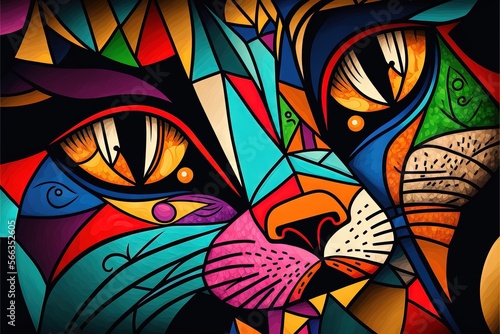  a painting of a colorful cat's face with a black background and a black background with a white border around the cat's face. generative ai