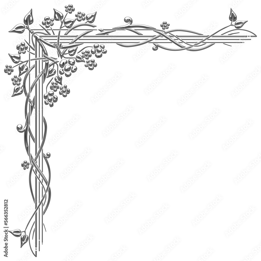 Art Deco silver corner with flowers and leaves. Art Deco style vector illustration with silhouettes of leaves and flowers creating a corner