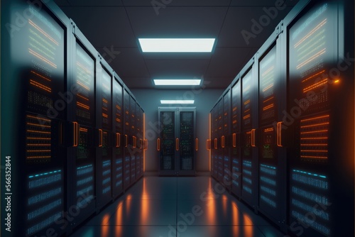 Cloud server room with rows of virtual and physical data privacy and security solutions. Generative AI