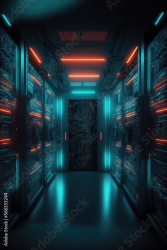 Data center with server racks and data security and analysis systems. Generative AI