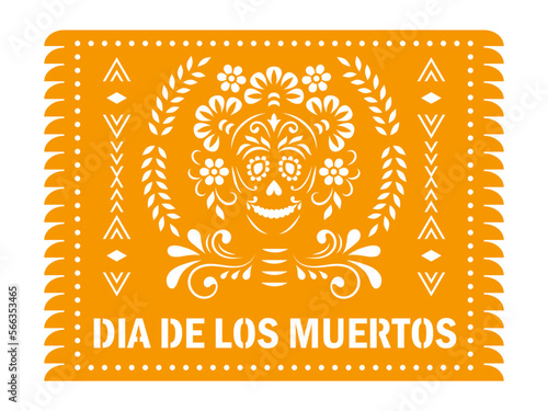 Mexican banner for Day of the Dead, Dia de los Muertos. Decorative garland Papel Picado with floral ornament and skull.