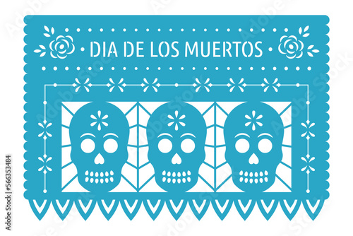 Mexican banner for Day of the Dead, Dia de los Muertos. Decorative garland Papel Picado with floral ornament and skull.