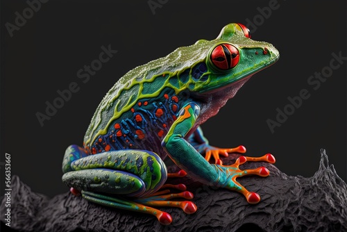  a colorful frog sitting on top of a black rock with a red eye on it's face and legs, with a black background. generative ai