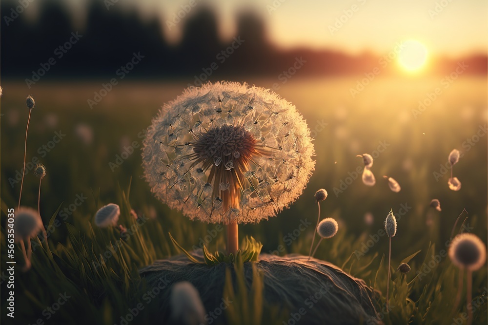 Fototapeta premium a dandelion sitting on top of a rock in a field of grass with the sun setting in the background and a field of tall grass with dandelions. generative ai