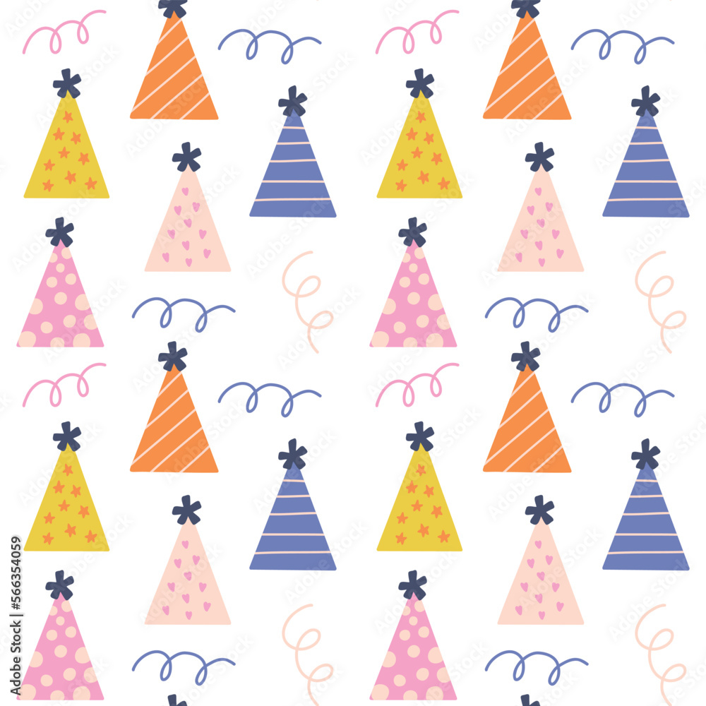 Pattern colorful birthday cap. Festive background Birth Day hubcap and confetti for kids Pattern colorful birthday cap. Festive background Birth Day hubcap and confetti for kids
