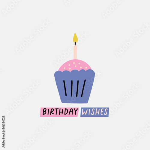 Happy Birthday illustration cupcake with candle. Tasty cream muffin on an isolated background. Hand Drawn greeting vector