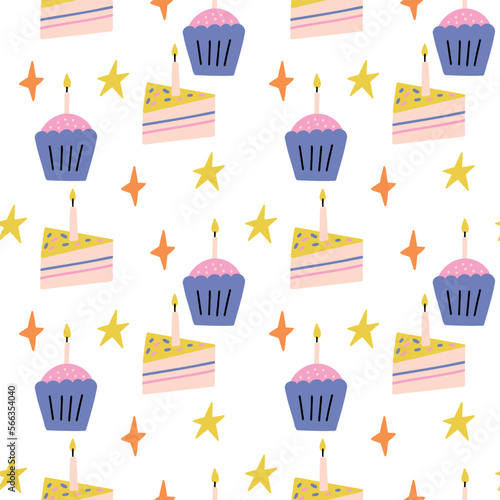 Seamless pattern birthday cupcake with star. Festive kids vector background Birth Day tasty muffin for print, textile, wrapping paper, fabric