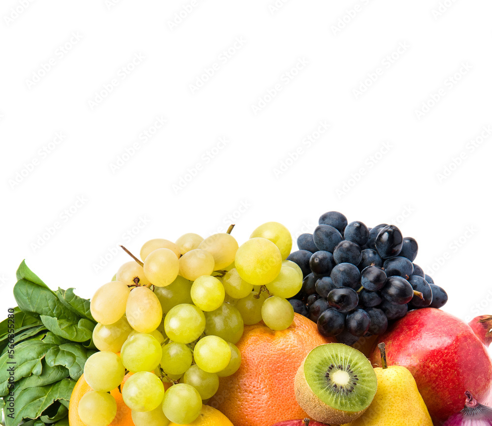 Fruits and vegetables isolated on white. Free space for text. Fruits and vegetables isolated on white. Free space for text.