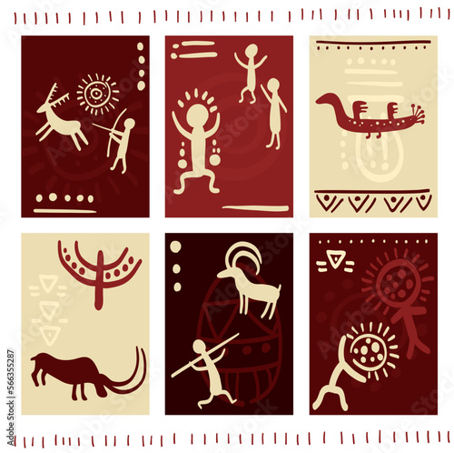 Set of vertical gift tag, badge, sticker with prehistoric rock painting petroglyphs, human and animal. Card with Palaeolithic Petroglyph with hunting scene for decoration, invitation. Vector EPS8