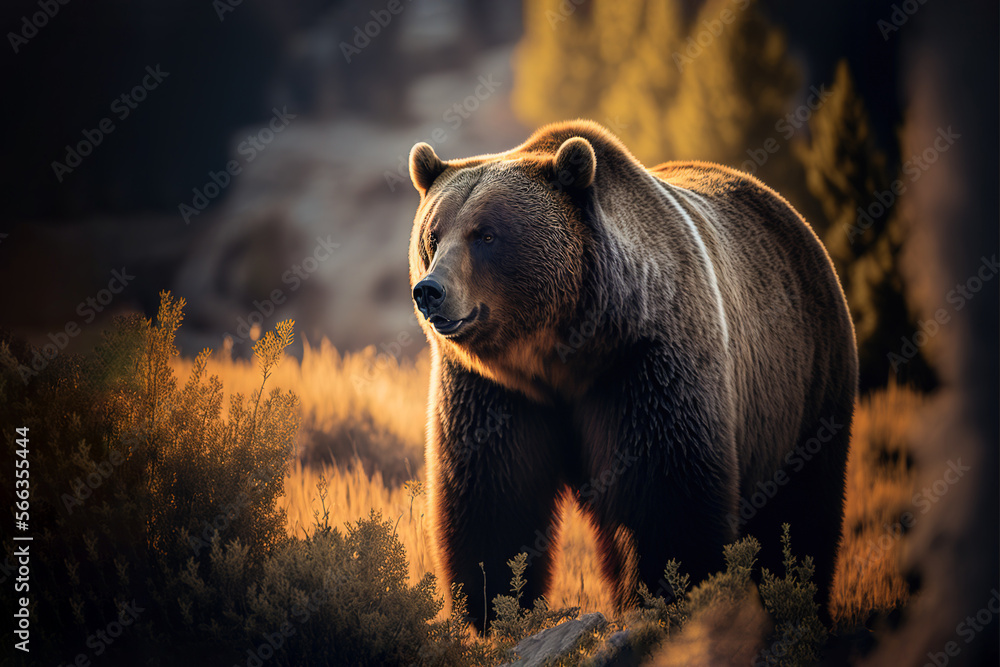 a large brown bear standing in a field of tall grass and trees with a ...