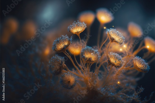  a close up of a bunch of flowers on a black background with a blurry background behind it and a small amount of water droplets on the top of the flowers.  generative ai © Shanti