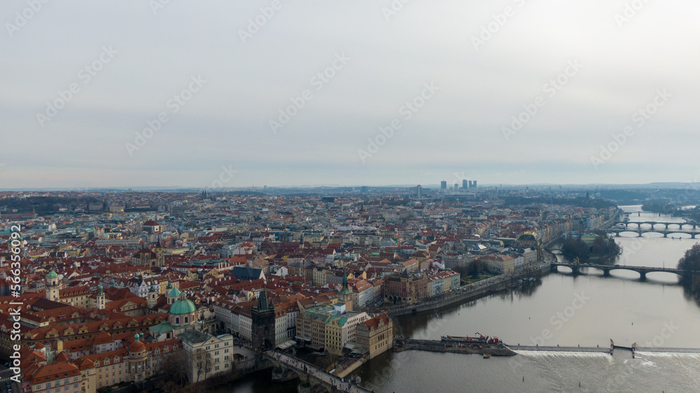 Obraz premium Aerial view of River and buildings in Old Town of Prague, Czech Republic. Drone photo high angle view of City