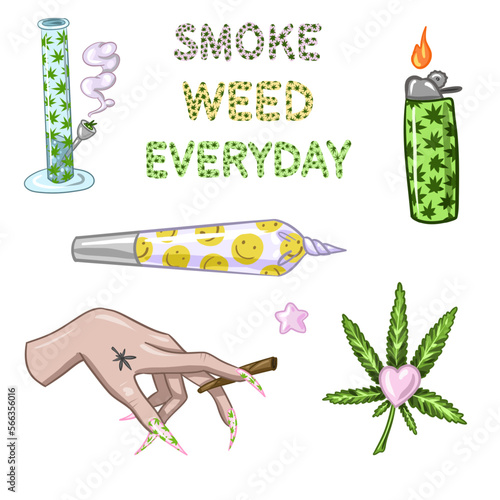 Set of Marijuana. Legalize cannabis. smoking weed. Vector illustration of weed
