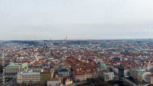 Aerial view of River and buildings in Old Town of Prague, Czech Republic. Drone photo high angle view of City © Maciej